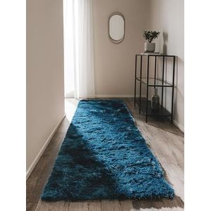 benuta Nest hoogpolig tapijt whisper - synthetische vezel - loper en in de stijl: effen, elegant - onderhoudsvriendelijk voor woonkamer slaapkamer, blauw, 80x300 cm