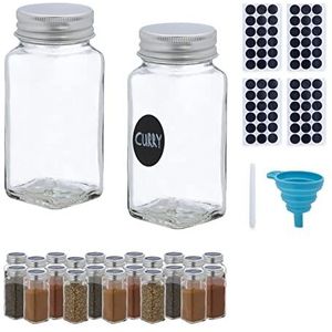 Relaxdays kruidenpotjes glas, set van 24, strooideksel, 120 ml, incl. etiketten, stift & trechter, vierkant, transparant