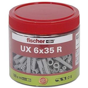 fischer 531027 universele pluggen UX 6 x 35 R, handige ronde doos met 185 nylon pluggen, multifunctionele pluggen met rand voor optimale grip bij bevestigingen in beton, gipsplaat, kalkzandsteen enz.