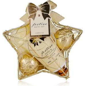 Accentra – Doucheset voor dames, cadeauset FESTIVE in stervormige draadmand goud, 3-delige verzorgingsset met hand- en bodylotion, badfizzer en netspons, cadeauset voor verjaardag en Kerstmis