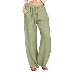 CHARTOU Women's Summer Drawstring Waist Wide Leg Loose Cotton Linen Palazzo Pants (Small, Green)