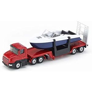 siku 1613, Low Loader with Boat, Metal/Plastic, Red/Blue/White, Opening stern flap, Floatable boat