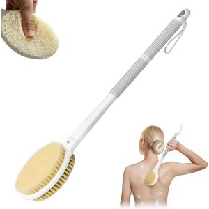MOXYOY Rugschrobber, lichaamsdoucheborstel met 44 cm lange steel, dubbelzijdige exfoliërende rugborstel met stijve en zachte haren voor vrouwen, mannen, ouderen (grijs)