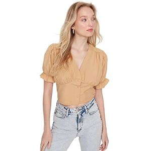 TRENDYOL Dames V-hals effen kleur regular shirt shirt shirt, beige, 38