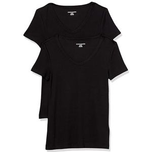 Amazon Essentials Women's T-shirt met korte mouwen en V-hals in slanke pasvorm, Pack of 2, Zwart, XS