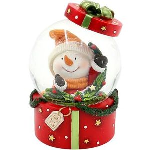 Sneeuwbol - sneeuwpop - op rode geschenkdoos sokkel, L/B/H/Ø bal 6,5 x 6,5 x 10 cm Ø 6,5 cm
