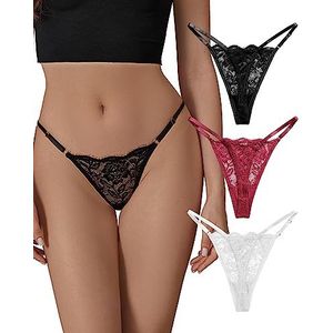SHARICCA Kant G-string strings voor vrouwen verstelbare sexy lage taille ondergoed ademend T-back strings slipje 3 Pack, 3p03 (Zwart Wit Rood), XS