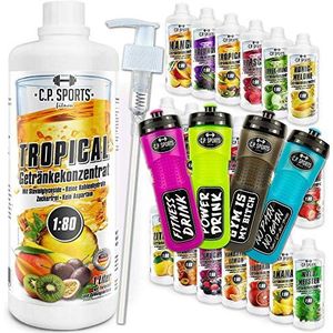 C.P. Sports Drankensiroop suikervrij, drank 1:80 + doseerpomp en drinkfles, geconcentreerd drankconcentraat 1000 ml, 1 liter minerale siroop, 20 soorten, minerale drank (cactusvijg, 650 ml fles-blauw)