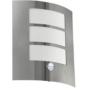 EGLO Buitenwandlamp City, 1-lichts buitenlamp incl. bewegingsmelder, sensor wandlamp van roestvrij staal, kunststof, zilver, wit, E27-fitting, IP44