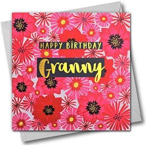 Claire Giles Happy Birthday Granny, bloemen, wenskaart met tekst verijdeld in glanzend goud, perzik|roze