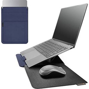 NOVOO RT14 4-in-1 laptopbeschermhoes, waterdichte leren hoes met magnetische afdekking, laptopstandaard, kaartvakken, muismat, compatibel met MacBook Air/Pro 14 inch-Blauw
