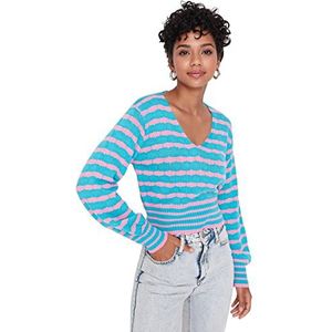 Trendyol Dames V-hals Gestreepte Regular Sweater Sweater, Blauw, S, Blauw, S