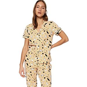 Trendyol Dames grafische biezen gedetailleerde midden gebreide shirt-broek pyjama set, perzik, M, Perzik, M