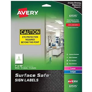 Avery Surface Safe Sign-etiketten, 7 ""x 10"", verwijderbare kleefstof, water- en chemisch bestendig, pak van 15 muurstickers (61515)