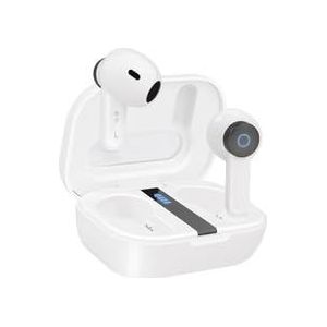 Draadloze hoofdtelefoon met microfoon, wit design, surround sound, ideaal voor gesprekken en muziek.