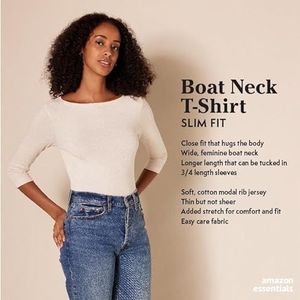 Amazon Essentials Women's T-shirt met driekwartmouwen, stevige boothals en slanke pasvorm, Blauw, S