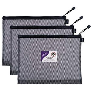 Snopake Foolscap zwarte EVA Mesh Zippa-tas met hoge capaciteit [Pack van 3] 362 x 275mm – zware tas met ophanglus en visitekaarthouder [15881]