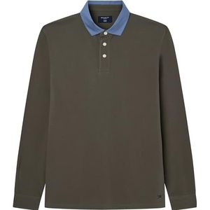Hackett London Heren geweven kraag LS poloshirt, bruin (Khaki), M, Bruin (Kaki), M