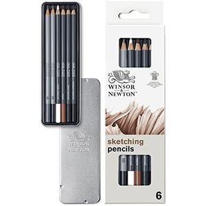 Winsor & Newton 490011 tekenpenset - 6 stuks - 2 potloden 4B, 8B, 4 houtskoolkrijtjes, Pierre noire, sepia, witte houtskool