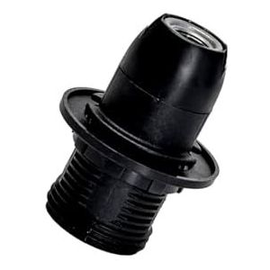 E14 lamphouder van zwart kunststof, halve schroefdraad en veerklem, ideaal voor decoratieve en functionele lampen binnenshuis.