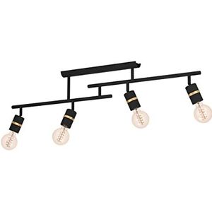 EGLO Plafondlamp Lurone, spotbar met 4 zwenkbare spots, plafond lamp voor woonkamer, plafondspot van metaal in zwart en messing, plafondverlichting met E27 fitting
