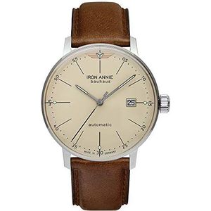 IRON ANNIE Bauhaus herenhorloge automatisch met datum beige met bruine leren armband 5050-5, Meerkleurig, Eén maat, Klassiek