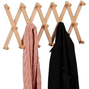 Relaxdays houten wandkapstok, uitschuifbare muurkapstok, 17 haken, voor jassen, tassen, sjaals, opvouwbaar, natuur