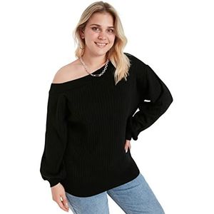 Trendyol Dames asymmetrische kraag effen normale plus size trui sweatshirt, Zwart, 3XL grote maten