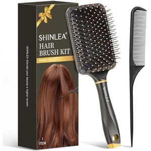 SHINLEA Grote paddle-haarborstel en staartkamset, ontwarrende haarborstelset voor dik krullend haar, antistatische haarborstel, masserende hoofdhuid voor mannen, vrouwen, kinderen, verminder klitten