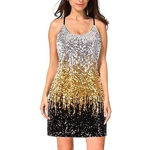MANER Glitter paillettenjurk voor dames, verstelbare spaghettibandjes, fonkelende feestjurken, Zilver/Goud/Zwart, L