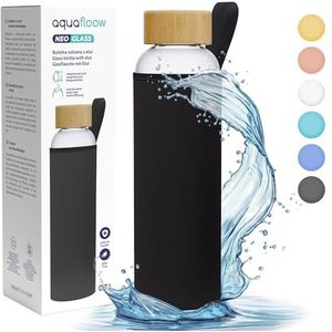 Aquafloow Waterfles van Borosilicaatglas 700 ml met Neopreen Hoes, Transparante Drinkfles Glas met Bamboe Dop | Ideaal voor Kantoor, Buiten, School, voor Koolzuurhoudende Dranken – Zwart