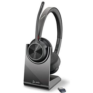 Poly Voyager 4320 UC draadloze stereo hoofdtelefoon + laadstation (Plantronics) - microfoon met ruisonderdrukking lange batterijduur Bluetooth-connectiviteit met PC/Mac/mobiele telefoon blauw