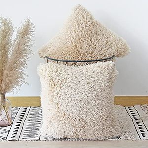 JOJUSIS Pluizige decoratieve sierkussenslopen 45 x 45 cm luxe zacht imitatiebont fleece kussensloop kussensloop pak van 2 beige