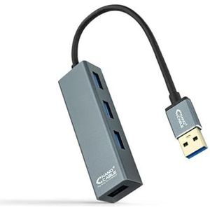 Hub - 4 USB 3.0-poorten met snelverbinding, 10 cm lang, van aluminium en grijs, ideaal voor het uitbreiden van apparaten.