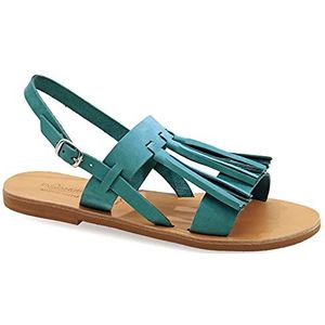 39 Blue Green Emmanuela Griekse handgemaakte platte lederen sandalen met kwast, hoogwaardige zomerschoenen voor vrouwen met verstelbare gesp riem, snijback sandalen met open tenen