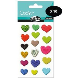 Maildor CY001Opack – een zakje met 3D-stickers Cooky, 1 bord, 7,5 x 12 cm, hartjes met motief (17 stickers), 10 stuks