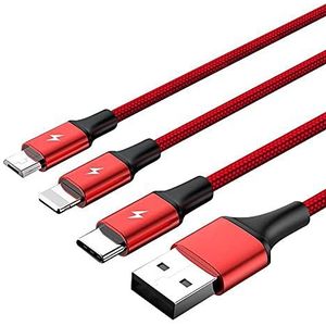 Unitek Premium Multi 3-in-1 USB-laadkabel, universele meervoudige oplaadkabel, micro USB/type C/Lightning 3A, 1,2 m, voor iPhone/Android smartphone, rood/zwart