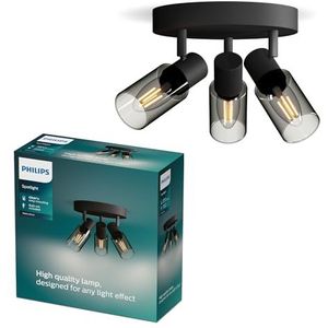 Philips Palms Spot - Plafondspot met drie lichtpunten - Zwart - Met gerookt glas - Kleine fitting E14 - Ronde basisplaat