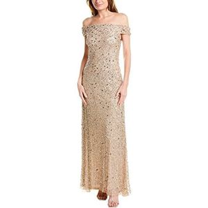 Adrianna Papell Women's Off The Shoulder Sequin Beaded Gown, Champagne, 14
