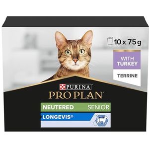 Purina Pro Plan Natvoer voor katten, gesteriliseerd, 7+ senior, terrine Turkije, 4 verpakkingen van 10 zakjes à 75 g