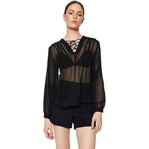 Trendyol Dames oversized basic V-hals geweven blouse shirt, Zwart, 62