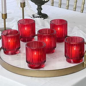 Kate Aspen Vintage geribbeld rood glas theelicht & votief kandelaars (set van 6), herfst decor, boho decor, plank decoratie (27206RD)