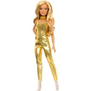 Barbie Fashionistas Pop #222, Klein Lichaamstype met Blond Golvend Haar, Gouden Jumpsuit en Accessoires, 65ste Verjaardag Verzamelbare Modepop, HRH19