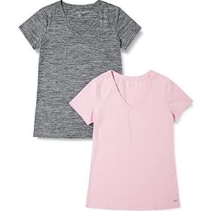 Amazon Essentials Dames Tech Stretch T-shirt met korte mouwen en V-hals (verkrijgbaar in grote maten), 2-Pack, Grijs Ruimteverf/Lichtroze, XS