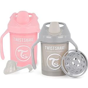 Twistshake 2x Non-Spill Mini Baby Drinkbeker Met Zachte Tuit & Fruit Mixer - 230ml | Lekvrije Baby Waterfles | BPA-Vrij | Oefenbeker Voor Kinderen | Grijs Roos