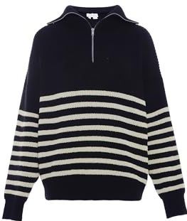 Blonda Dames gestreepte gebreide trui met halve ritssluiting en stehrevers acryl marine wolwit maat M/L, marine wolwit, M