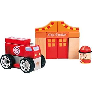 Bino 84094 Stapelbare Brandweerwagen met Speelgoed Brandweerkazerne Houten Blokken, Meerkleurig, voor Kinderen vanaf 12 Maanden, Grootte: 24x4,7x27 cm