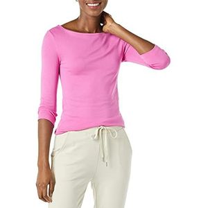 Amazon Essentials Women's T-shirt met driekwartmouwen, stevige boothals en slanke pasvorm, Helderroze, XS