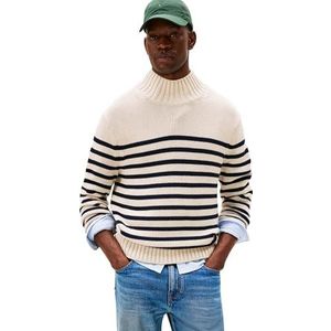 Tommy Hilfiger Heren Bretonse katoenen streep mock hals MW0MW41320 pullover trui, bruin, L, Bruin (havermelk Htr/Woestijnhemel), L