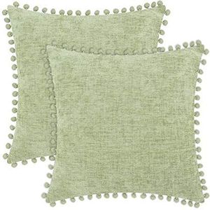 CaliTime Sierkussenslopen, set van 2 knusse, effen geverfde zachte chenille kussenslopen met pompons voor bank, woondecoratie, 40 cm x 40 cm, salie